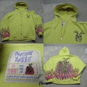 Praying Rabbit Hoodie Mens Medium‎ Yellow Full Zip Skeleton Graphic Sweatshirt